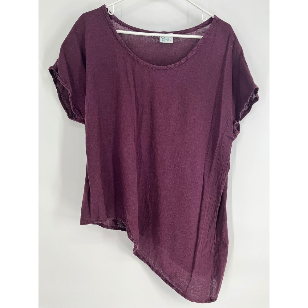 OH MY GAUZE! Top Women L/XL Purple Asymmetrical Hem Short Sleeve Cotton Artsy